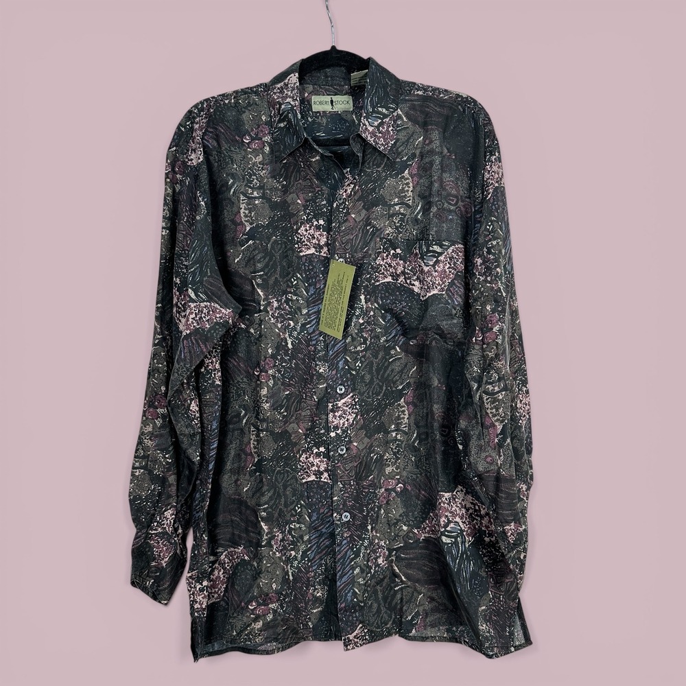 Robert Stock Mens Washed Silk Button Down‎ Shirt Abstract Print 90s Black M